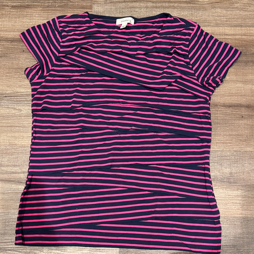 Dress Barn Pink and Black Striped Short Sleeve Tee